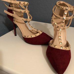 3 strap studded maroon heels